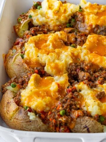 shepherds pie baked potatoes in casserole dish