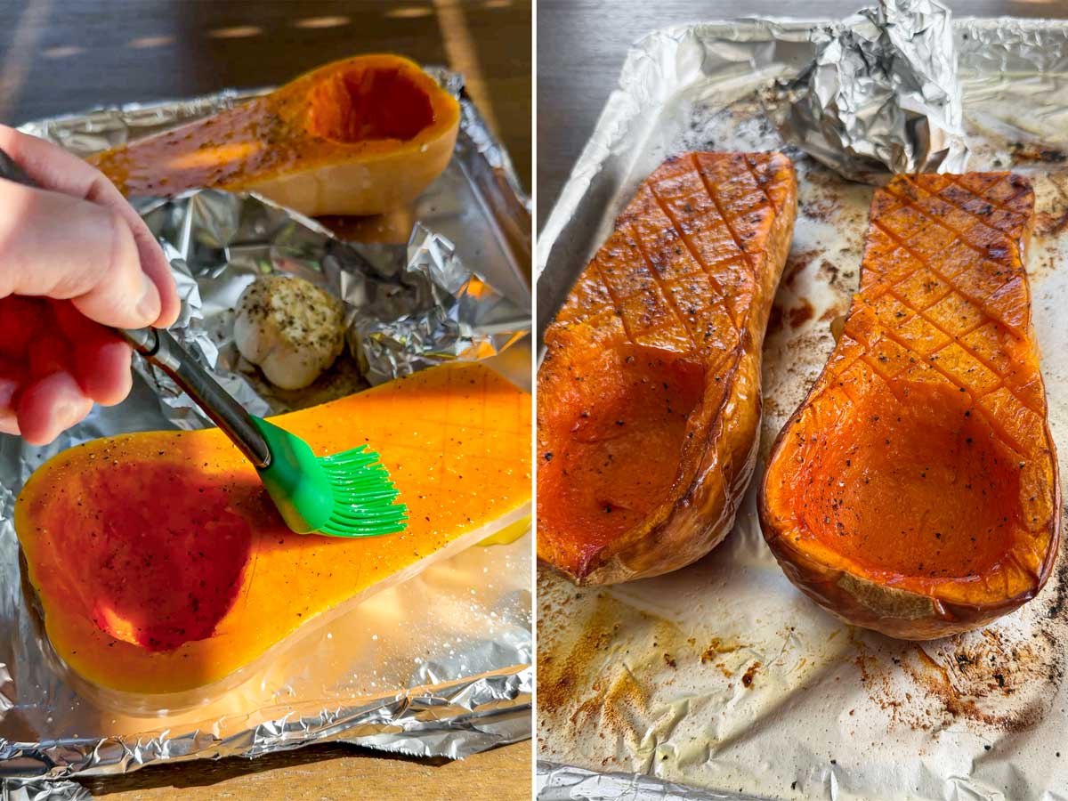 seasoning halved butternut squash and roasting