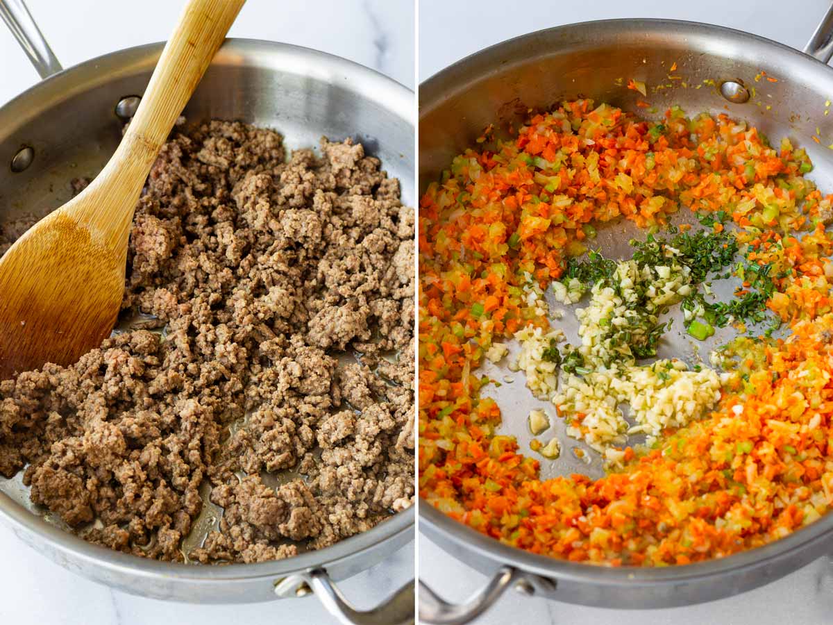 cooking the ground beef and the vegetable base with aromatics