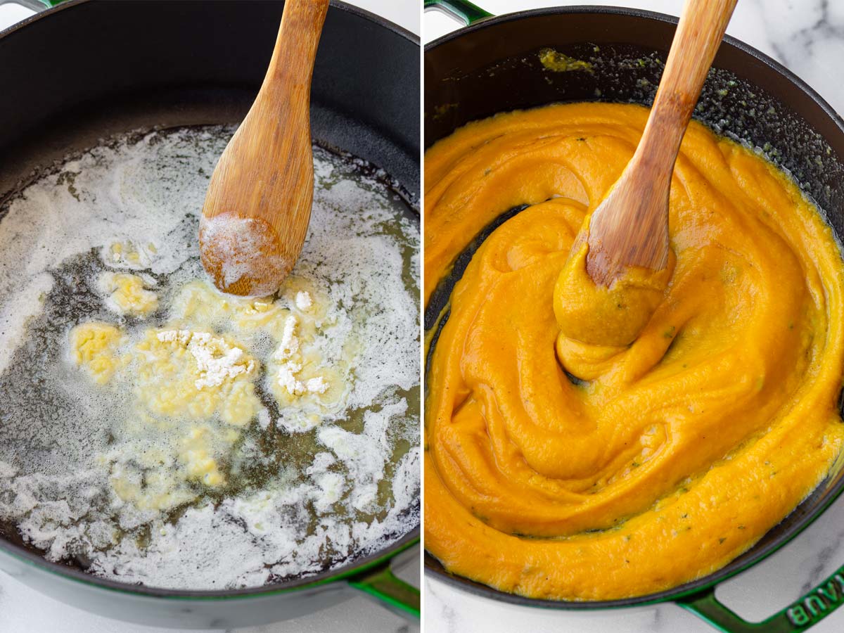 making the roux and adding the puree
