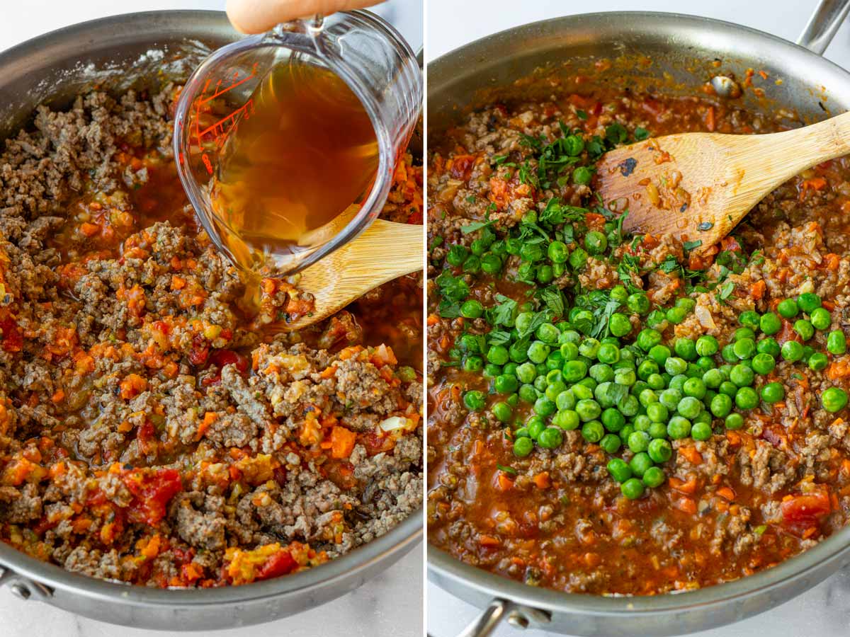 adding tomatoes, broth, peas and herbs to the shepherds pie filling
