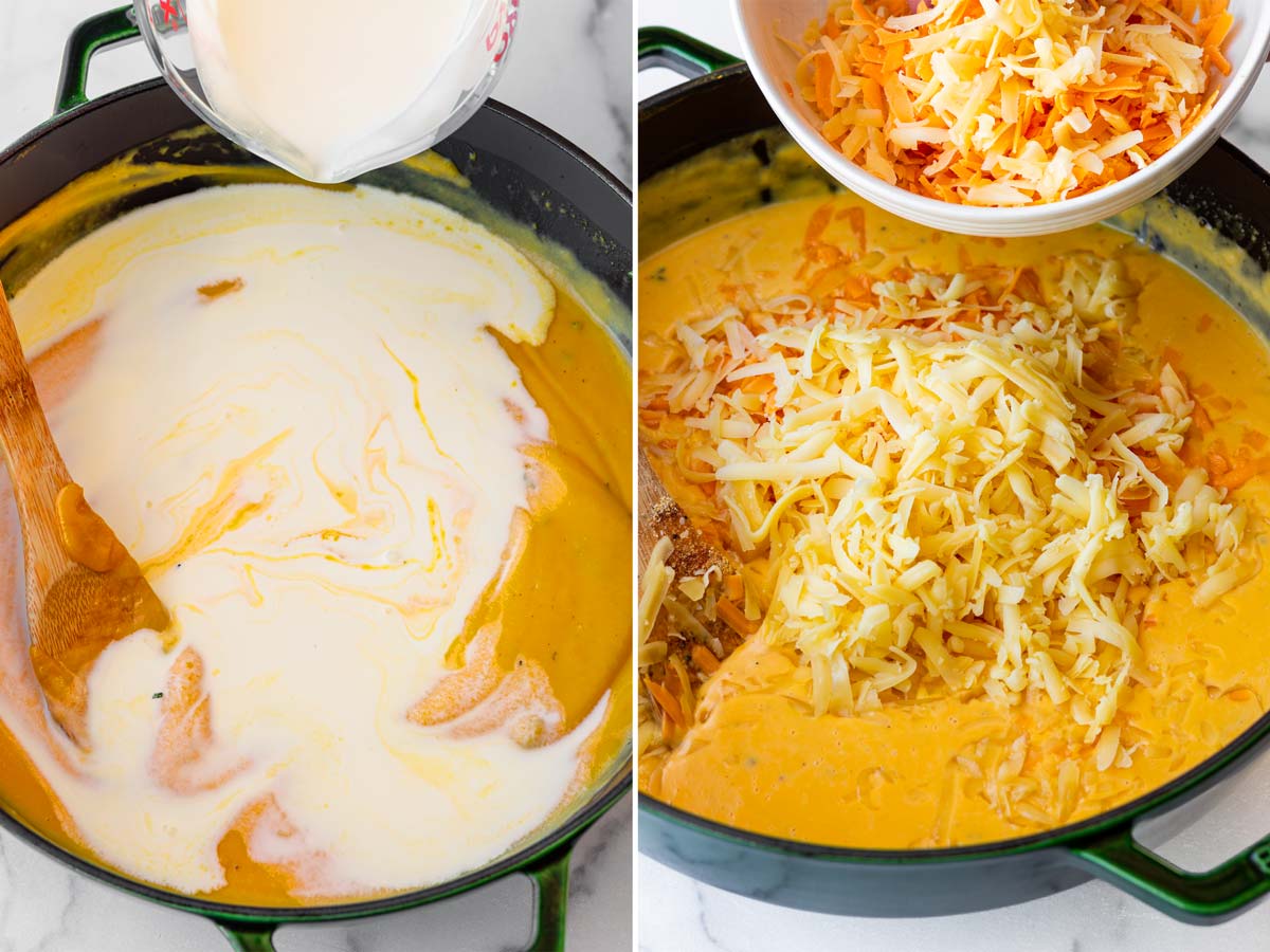adding dairy and cheese to make the cheese sauce