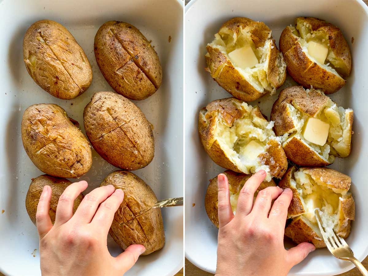 cutting open the baked potatoes and mixing with butter