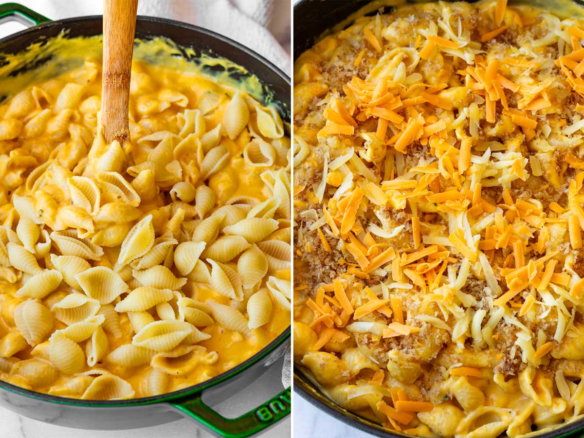 adding cooked pasta and topping with cheese and breadcrumbs