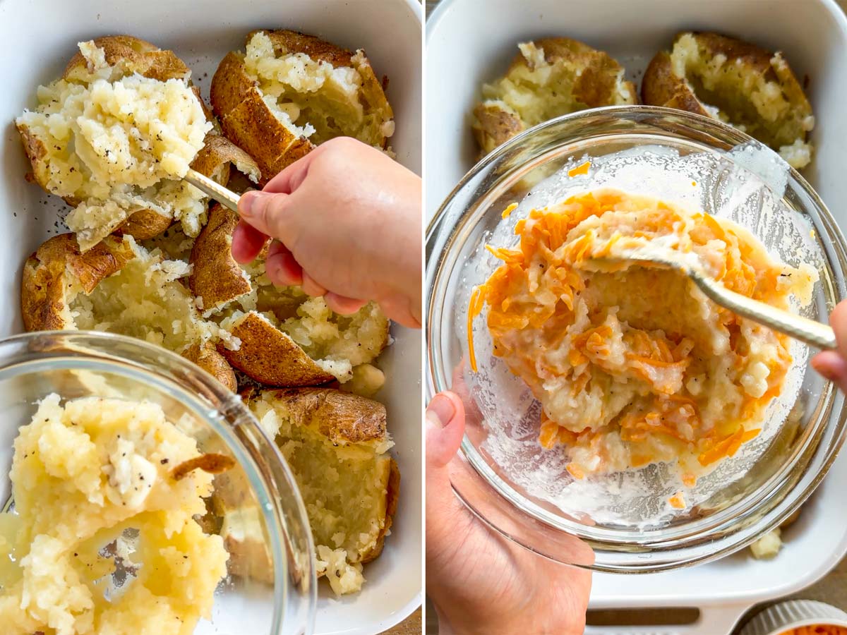 making a quick mash with the fluffy baked potatoes and cheese