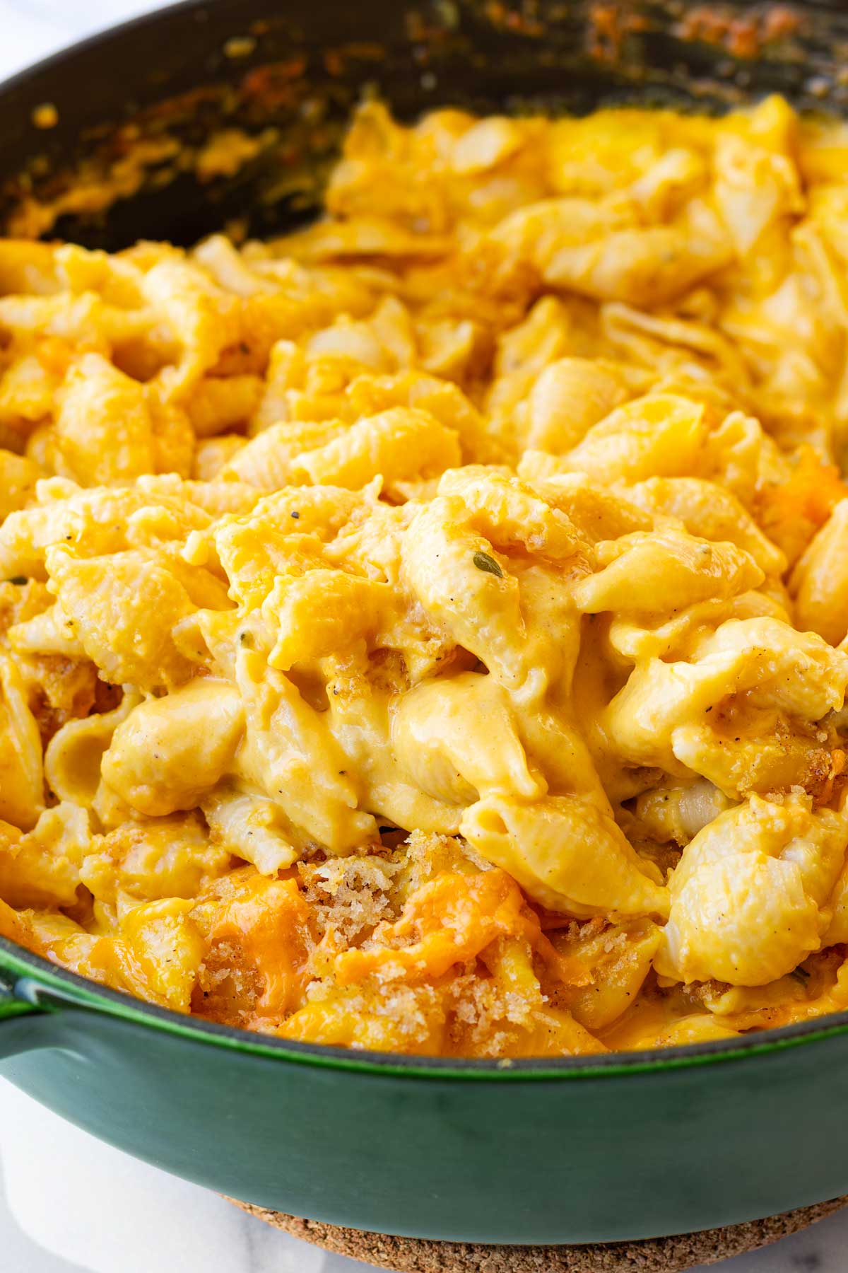 finished butternut squash mac and cheese in the pan