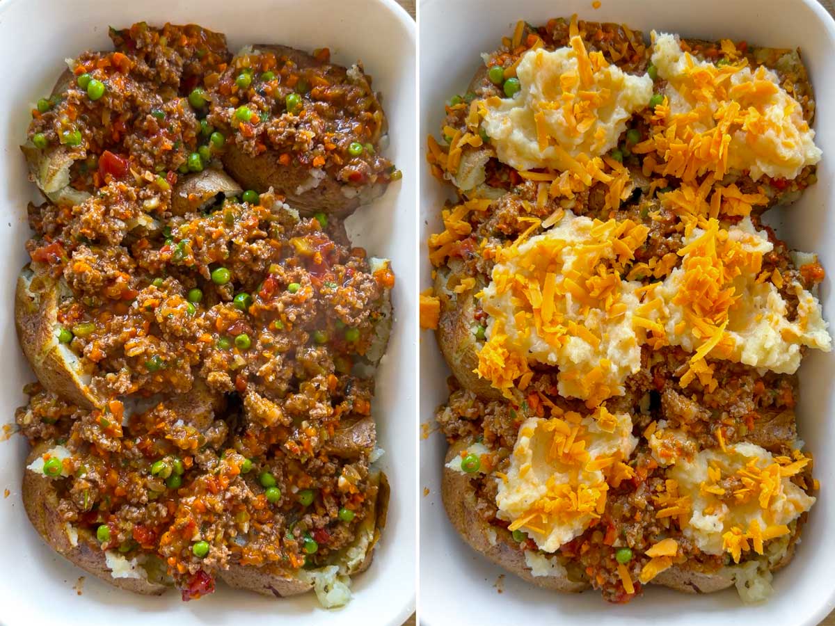 assembling the shepherds pie baked potatoes with filling, mash, and cheese